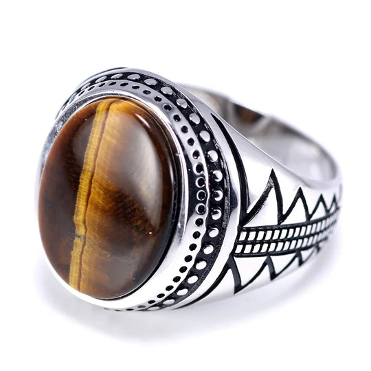 Tiger Eye - Bague avec pierre oeil de tigre et motifs ethniques