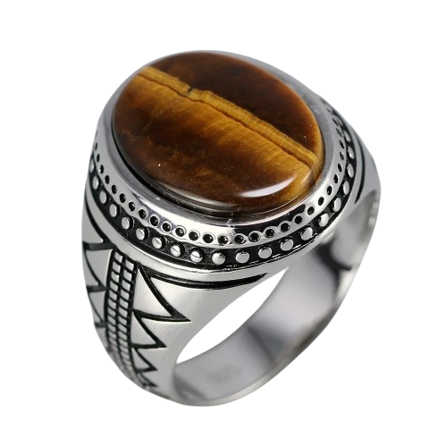 Tiger Eye - Bague avec pierre oeil de tigre et motifs ethniques