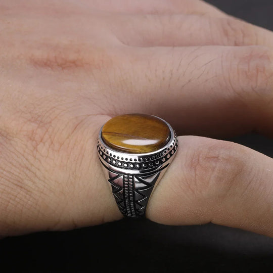 Tiger Eye - Bague avec pierre oeil de tigre et motifs ethniques