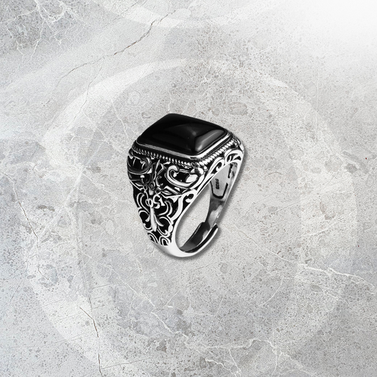 King II - Bague ajustable pierre d'onyx noire naturelle