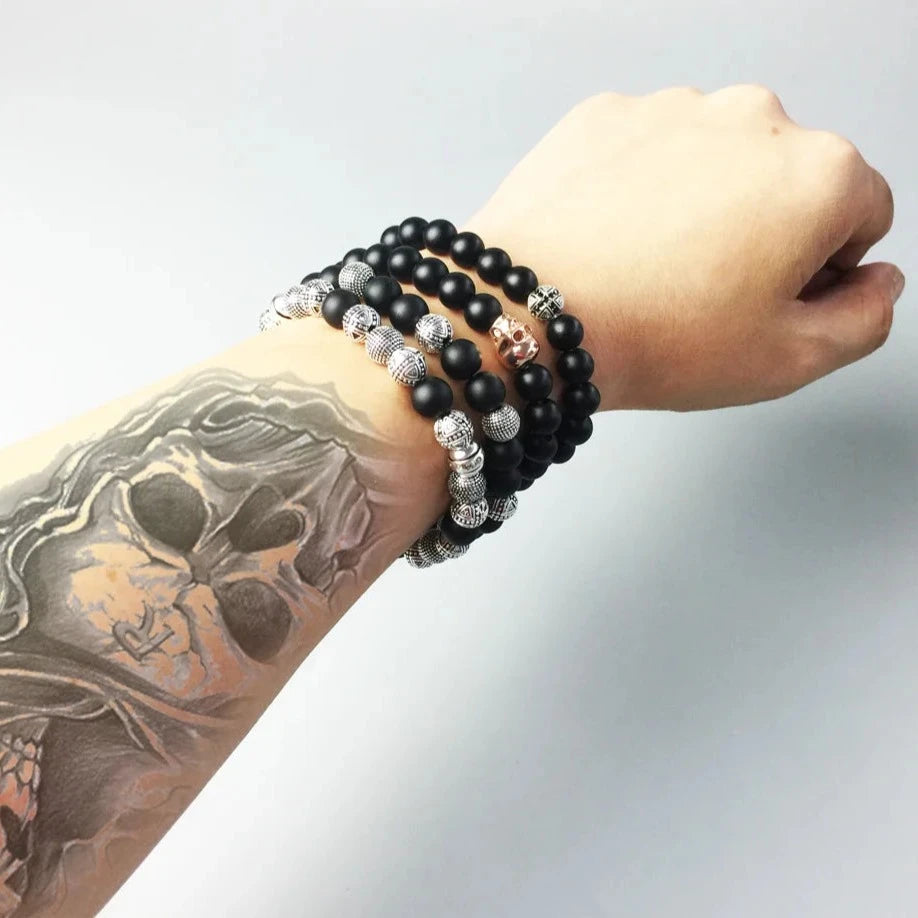 Tom - Bracelet avec Perles d'Obsidienne et Perles de Croix Argent