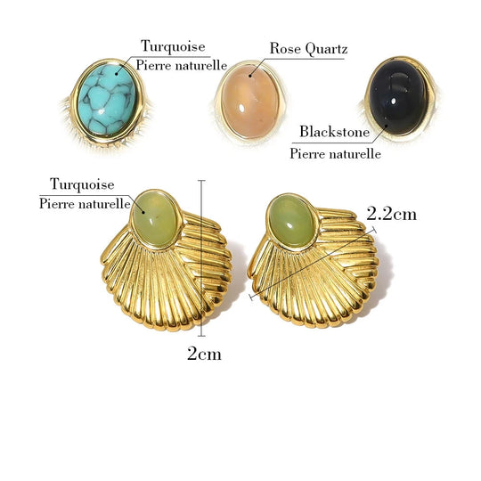 Élégancia - Boucles d'oreilles en acier inoxydable plaqué or 18K avec pierre naturelle - Femme