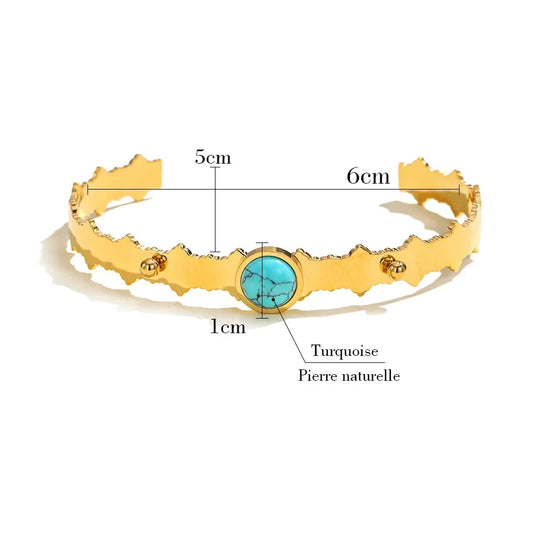 Azur - Bracelet manchette irrégulier en acier inoxydable plaqué or avec pierre turquoise - Femme