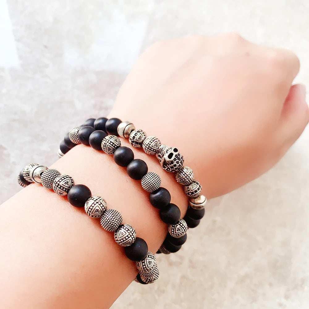 Lava - Bracelet avec Perles d'Obsidienne, Perles de Croix et Tête de mort