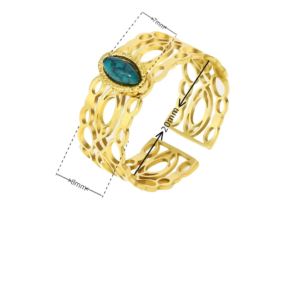 Celeste - Bague large en acier inoxydable plaqué or avec pierre turquoise naturelle - Femme