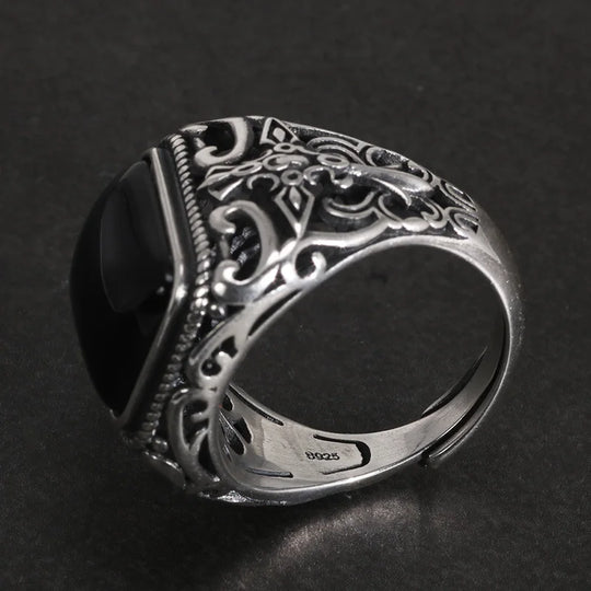 King II - Bague ajustable pierre d'onyx noire naturelle