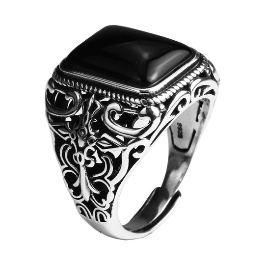 King II - Bague ajustable pierre d'onyx noire naturelle