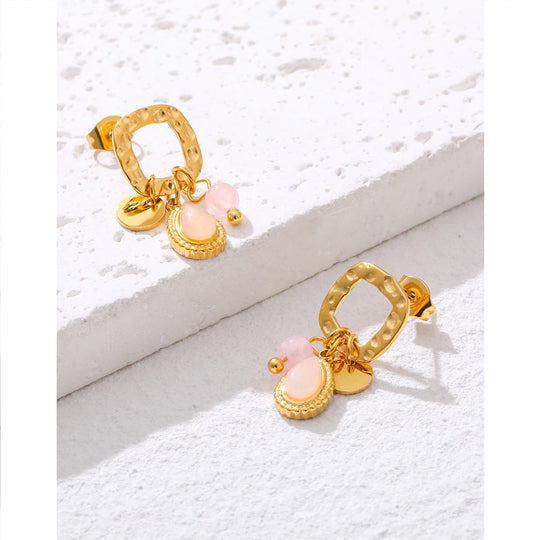 Rosalia - Boucles d'oreilles en acier inoxydable avec pendentifs en pierre naturelle rose plaqué or 18K - Femme