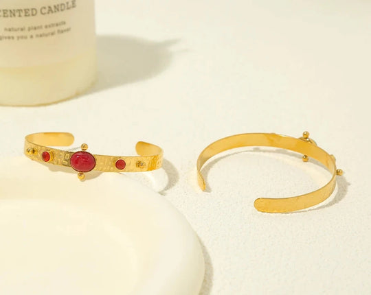 Éclat - Bracelet jonc en acier inoxydable plaqué or 18K avec pierre naturelle - Femme