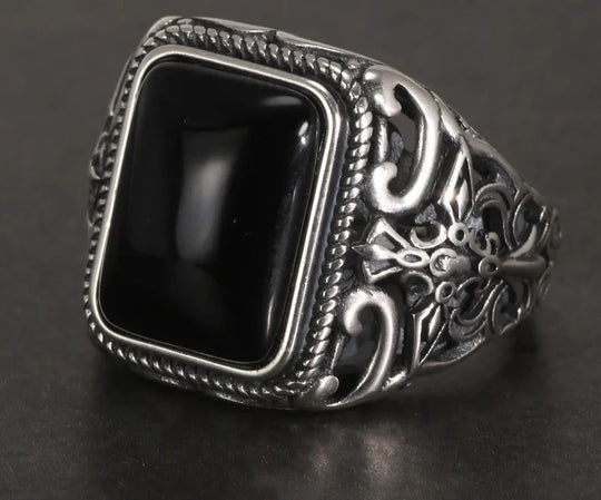 King II - Bague ajustable pierre d'onyx noire naturelle