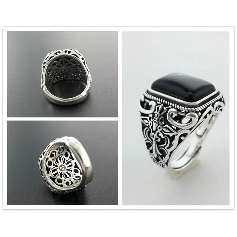 King II - Bague ajustable pierre d'onyx noire naturelle